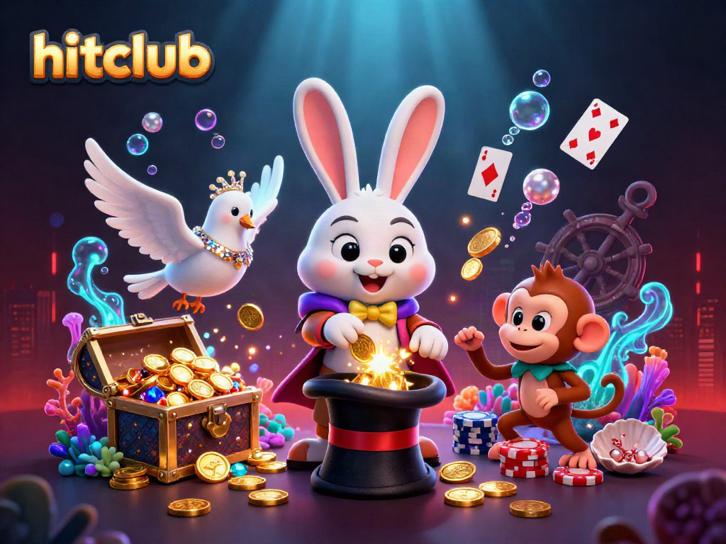 Engage with hitclub's vibrant gaming world as a magician rabbit conjures coins among playful casino elements.