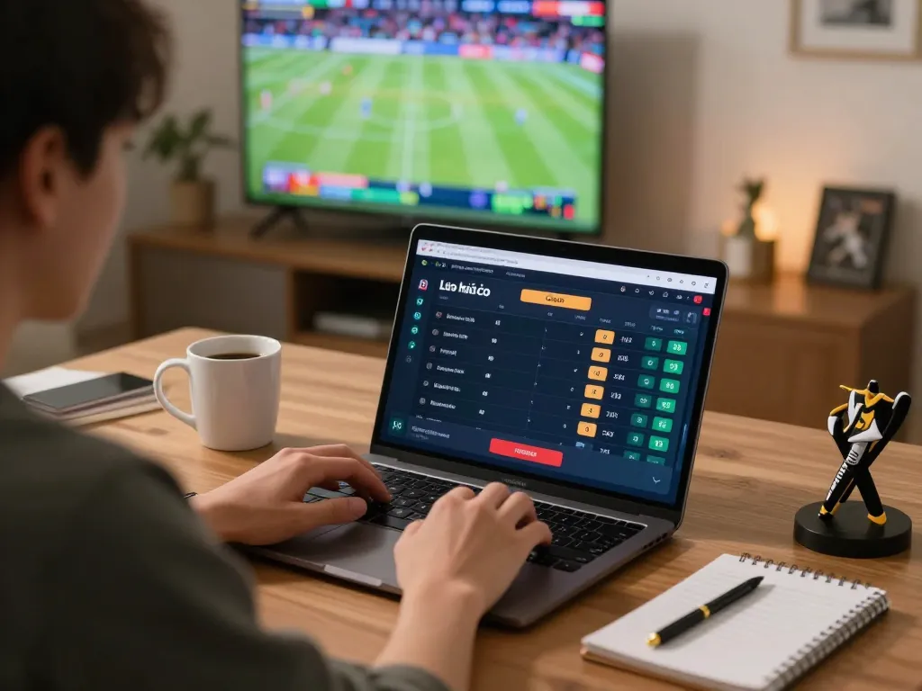 Engaging moment of sports betting with kèo nhà cái on laptop, highlighting strategy