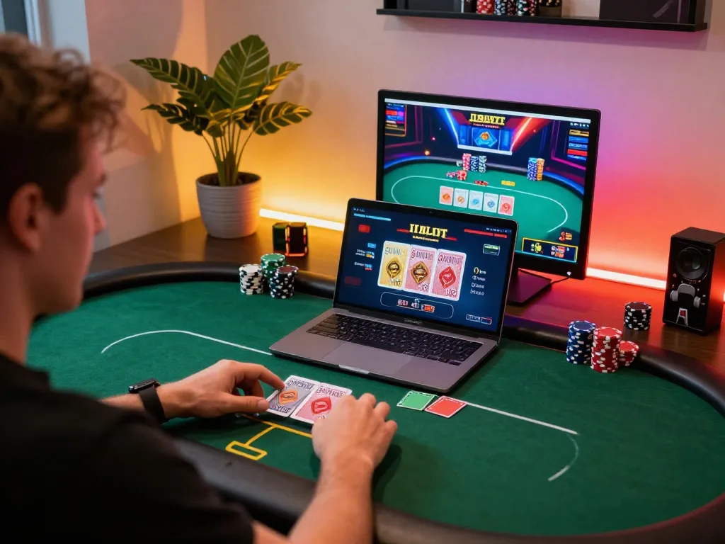 Engaged player using KUWIN for online poker strategy on a stylish home desk