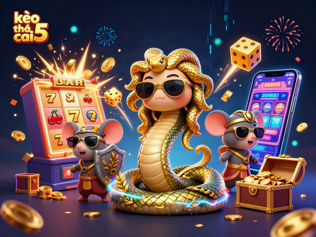 Engage with kèo nhà cái 5 in a vibrant, dynamic casino illustration featuring Medusa and a warrior mouse.