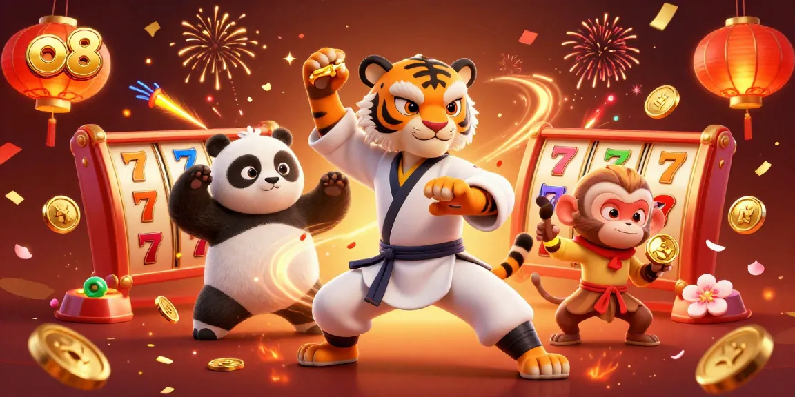 Experience thrilling jackpots at o8 with a dynamic scene of a kung fu tiger, a panda, and a stealing monkey.