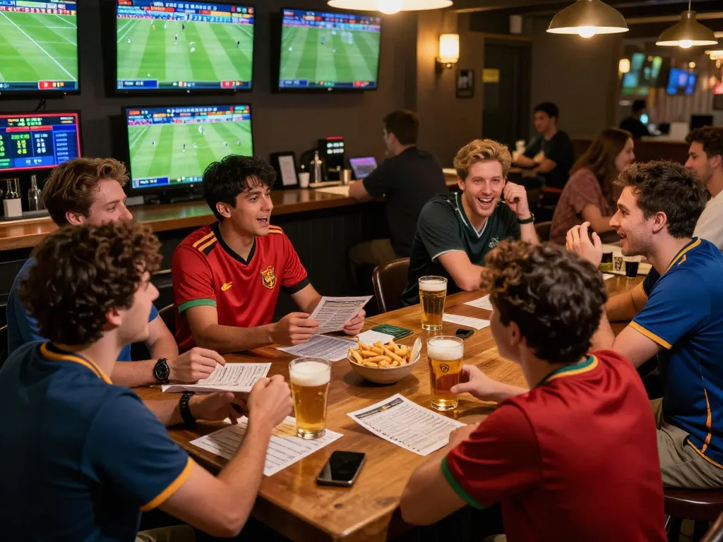 Engaged bettors analyze kèo bóng đá while enjoying a live football match at a vibrant sports bar.