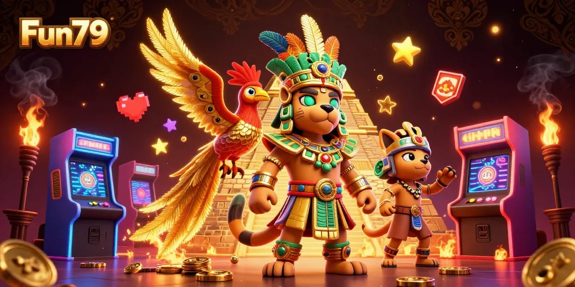Experience Fun79's vibrant casino world with a Mayan priest and quetzal bird in stunning 3D detail.