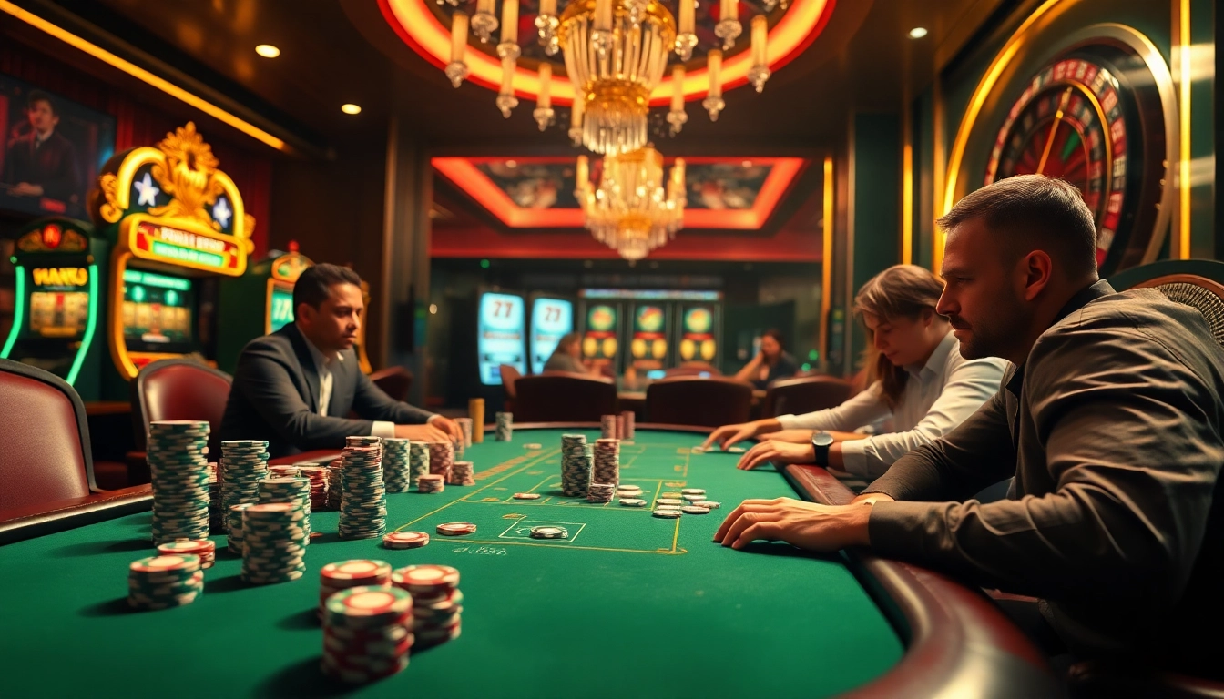 Players enjoying a thrilling poker game at 789club's luxurious casino with colorful chips and slot machines.