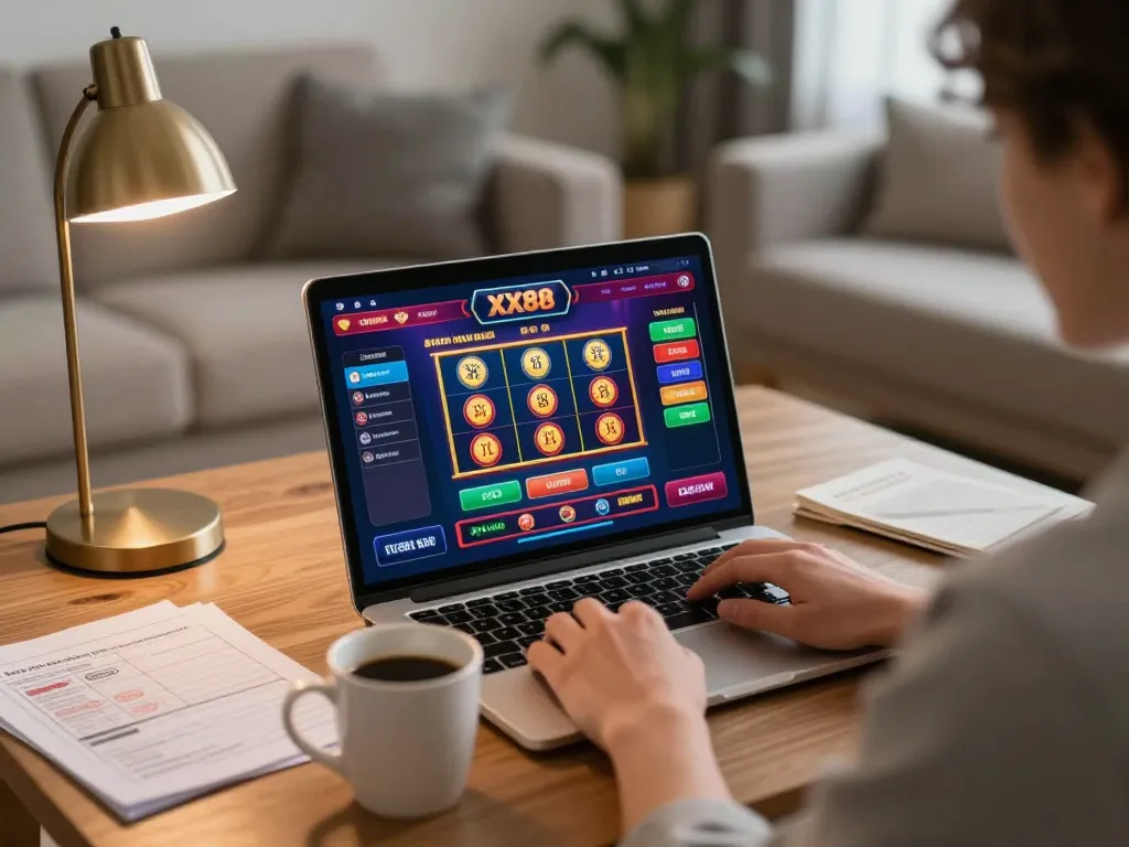 Playing exciting games on XX88 online casino with stylish home setup and vibrant screen.