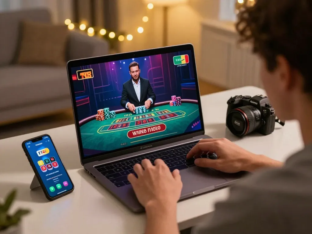 Player enjoying live casino gaming on TT88, with laptop and smartphone in a cozy home setup.