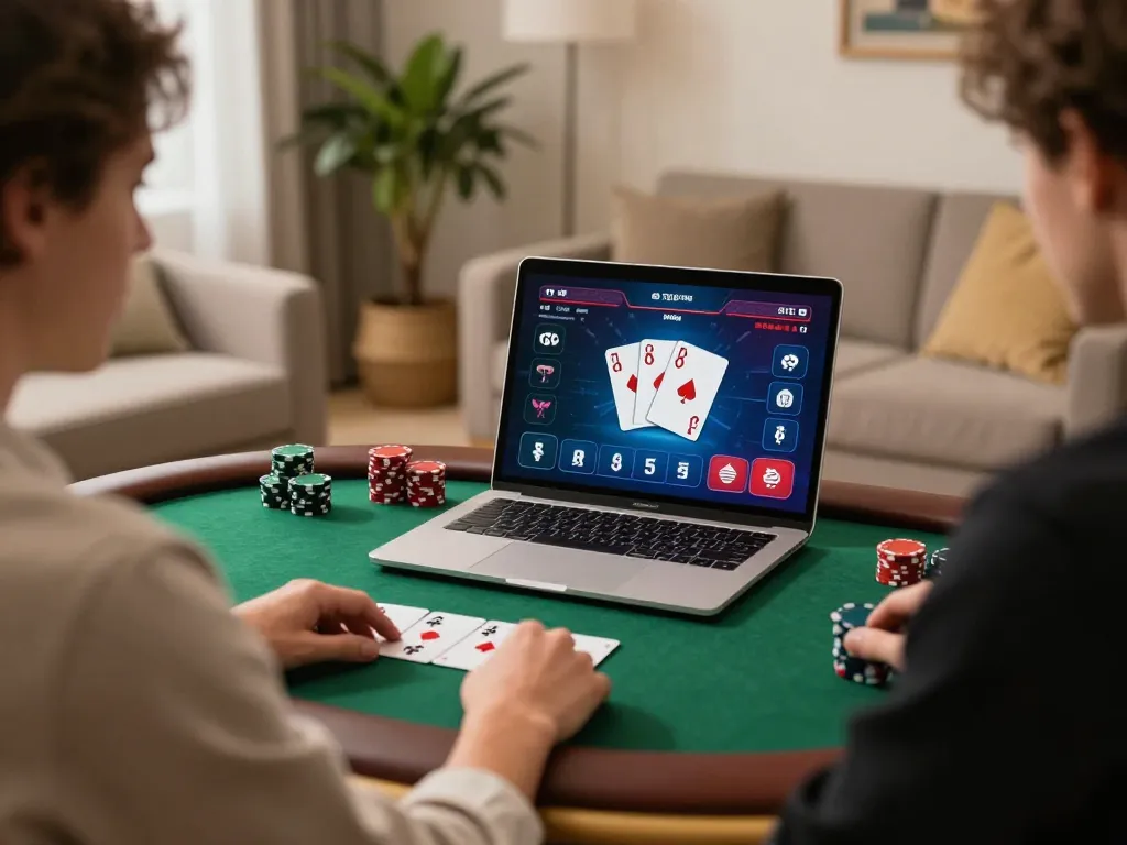 Engaging online poker gameplay at trang chủ go8 on a stylish laptop in a cozy setting.