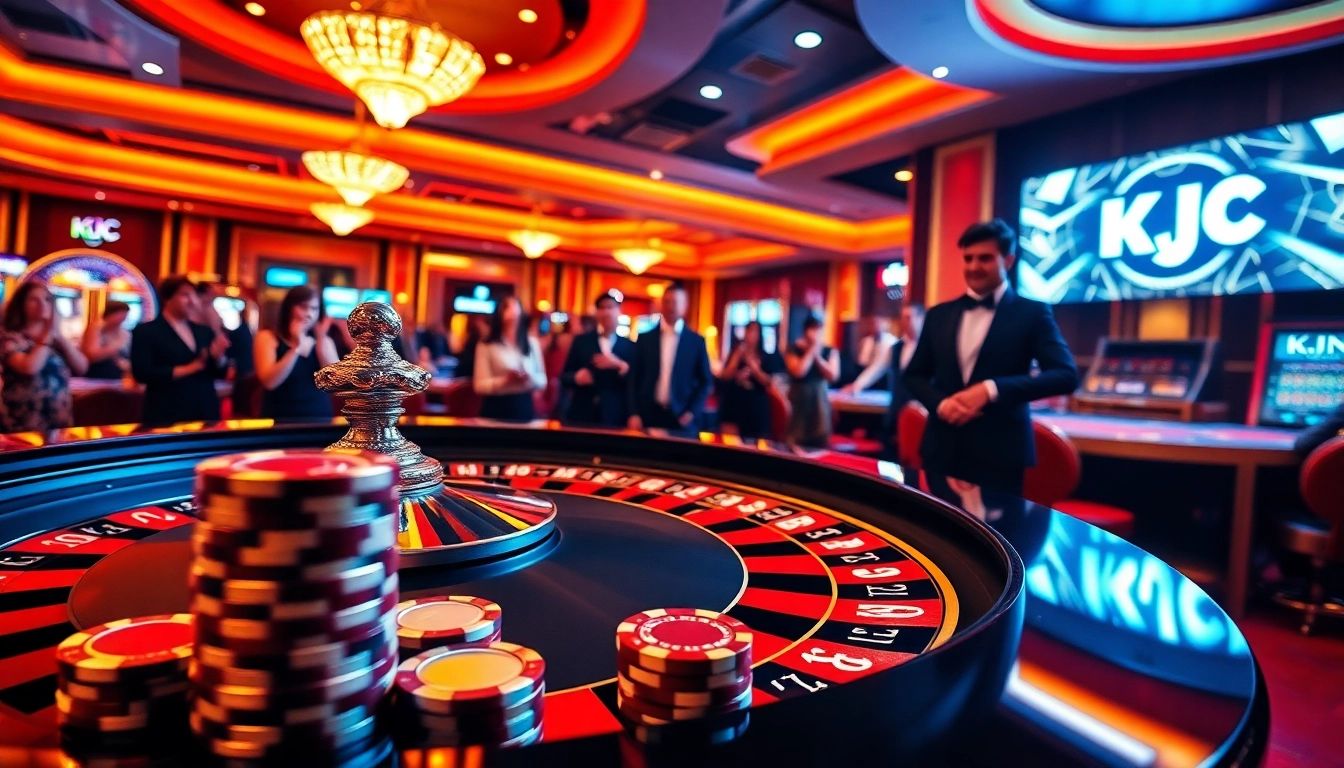 KJC logo prominently displayed in a vibrant casino scene featuring roulette, poker chips, and players.