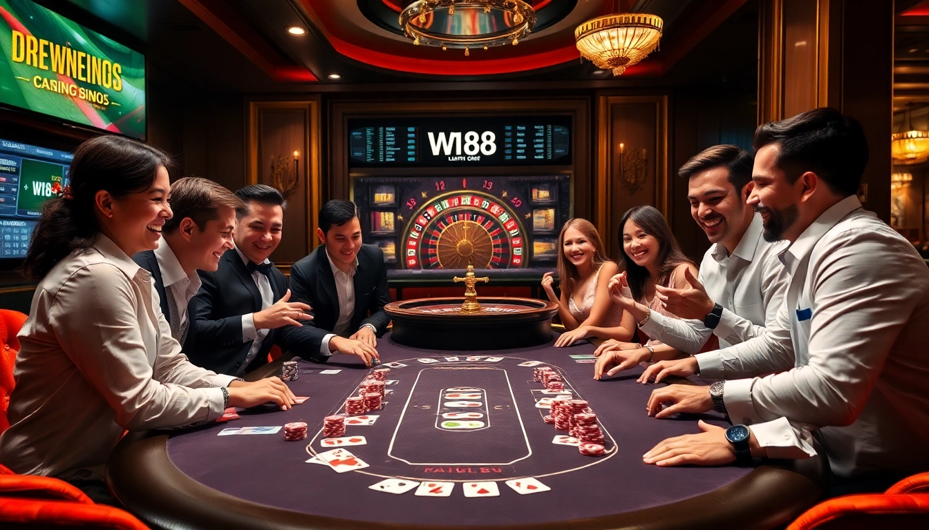 Players enjoying a thrilling poker game at W188 with chips and cards amidst a stylish casino setting.