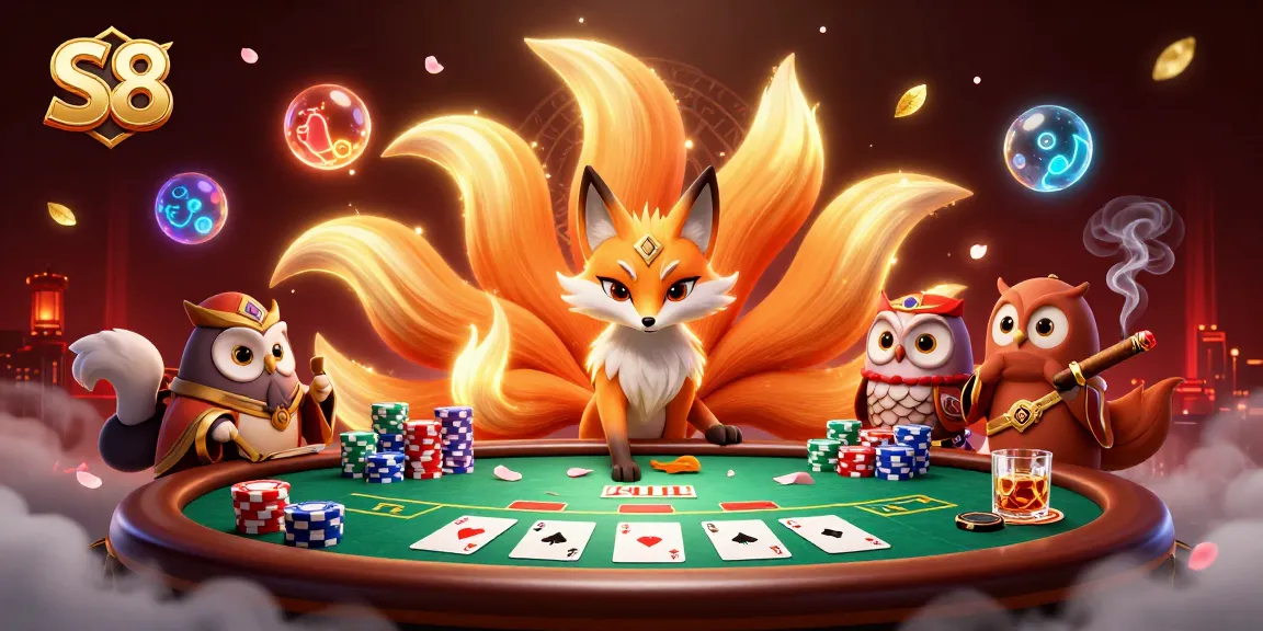 S8 players engage with a vibrant gambling scene featuring a glowing nine-tailed fox and poker elements.