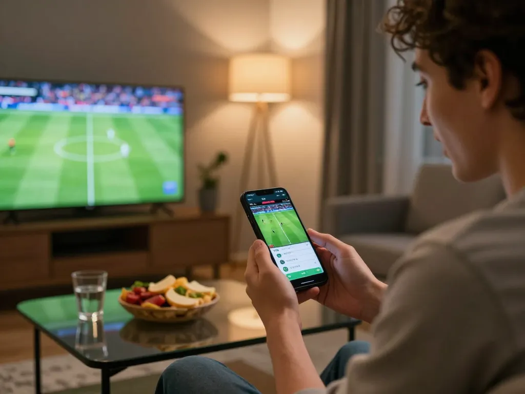 Socolive user engaging with sports betting app in a modern living room setting.