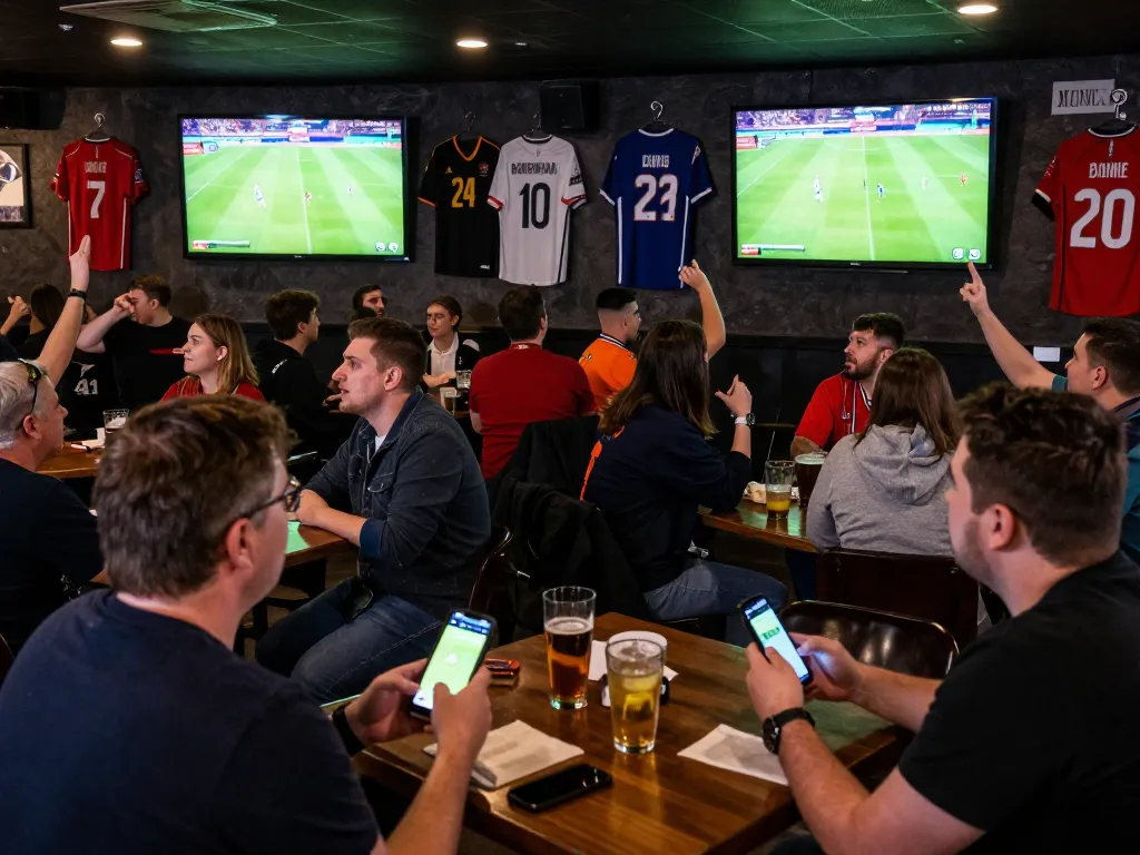 Excited fans participating in footballl betting action at a lively sports bar during a game