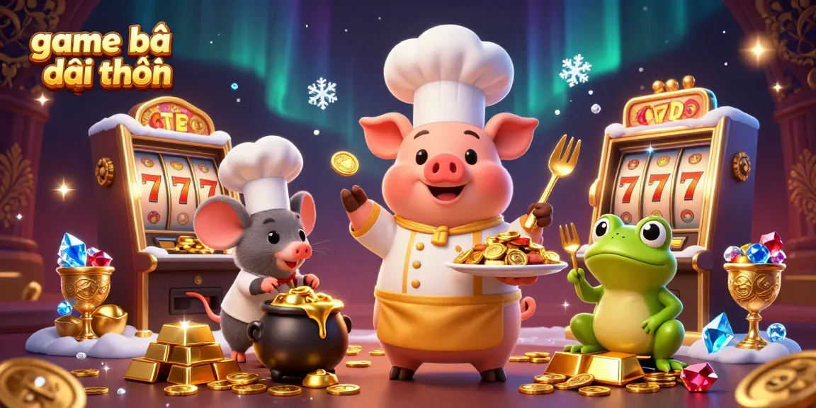 Experience dynamic game bài đổi thưởng action with a chef pig serving gold coins and slot machines sparkling.
