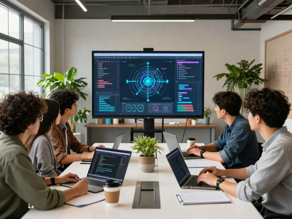 Team collaborating in an innovative AI development studio highlighting ia +18 advancements and diverse engineers.