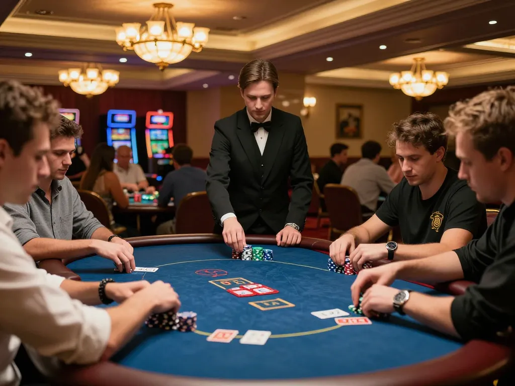 Players competing in high-stakes poker at the elegant 13win-asia casino, showcasing strategy and excitement.
