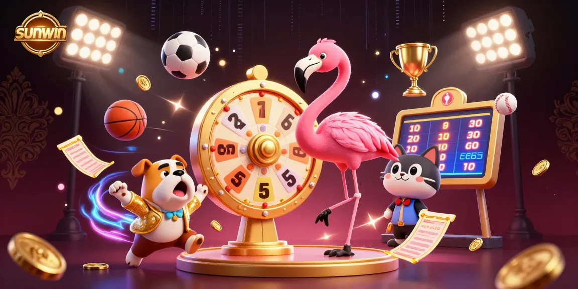 Engage with sunwin's thrilling prize wheel experience in this vibrant casino illustration.
