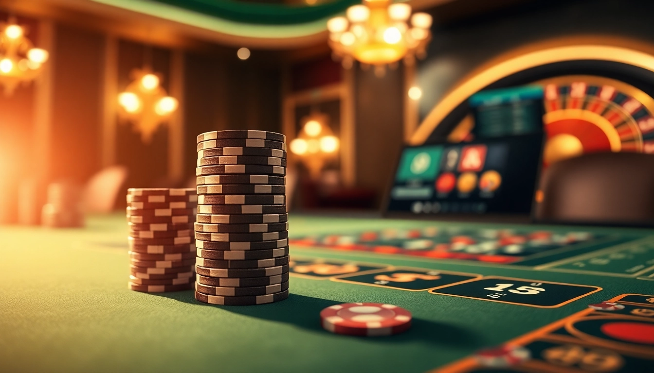 Engage in Đánh Lô Đề Online with an interactive gambling scene showcasing poker chips and digital gaming interface.