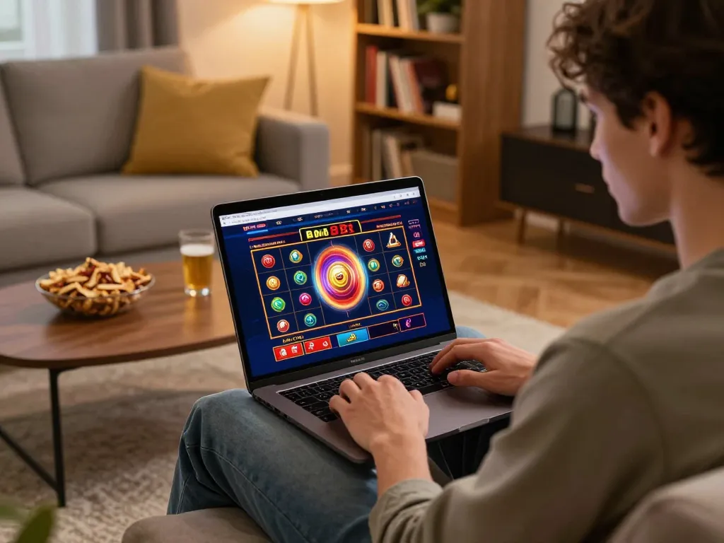 Player enjoying the Website Bom88 online slots game in a cozy home setup.