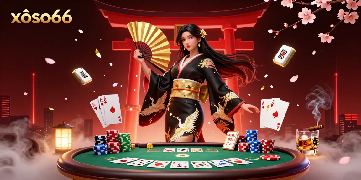 xôso66 captures the excitement of gambling with a striking scene of an elegant Asian woman amidst gaming elements and vibrant casino atmosphere.