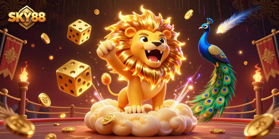 Experience the excitement of SKY88 as the sun lion roars amidst golden dice and casino elements.