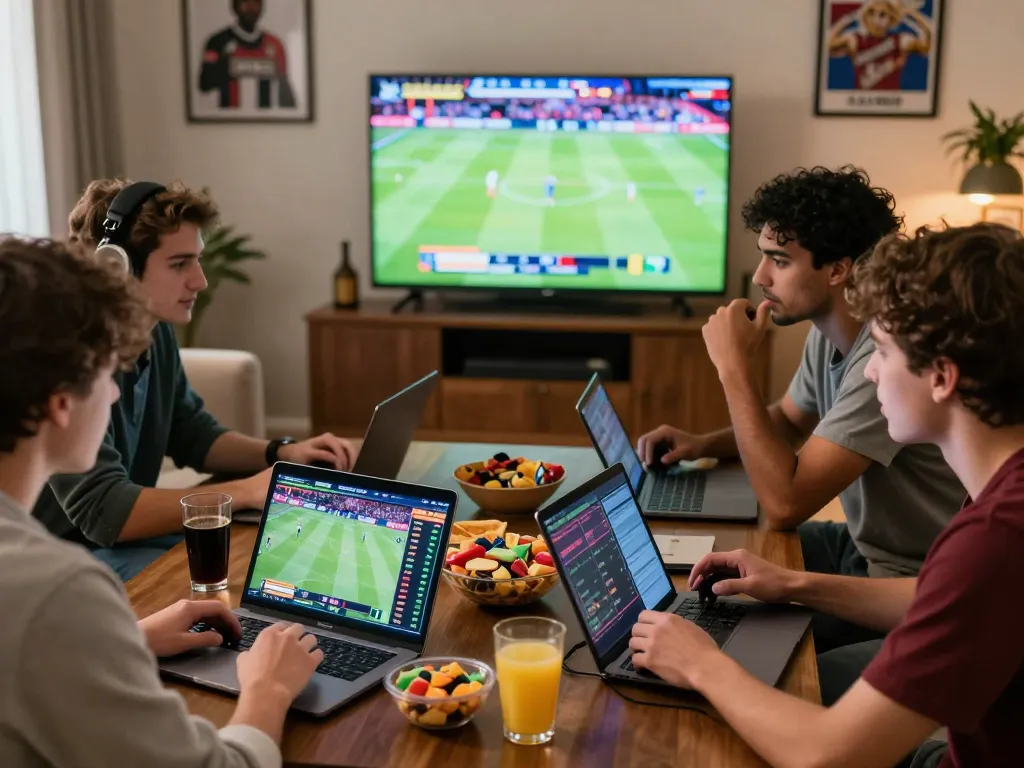 Engaged friends using kèo nhà cái to strategize during a live sports game.