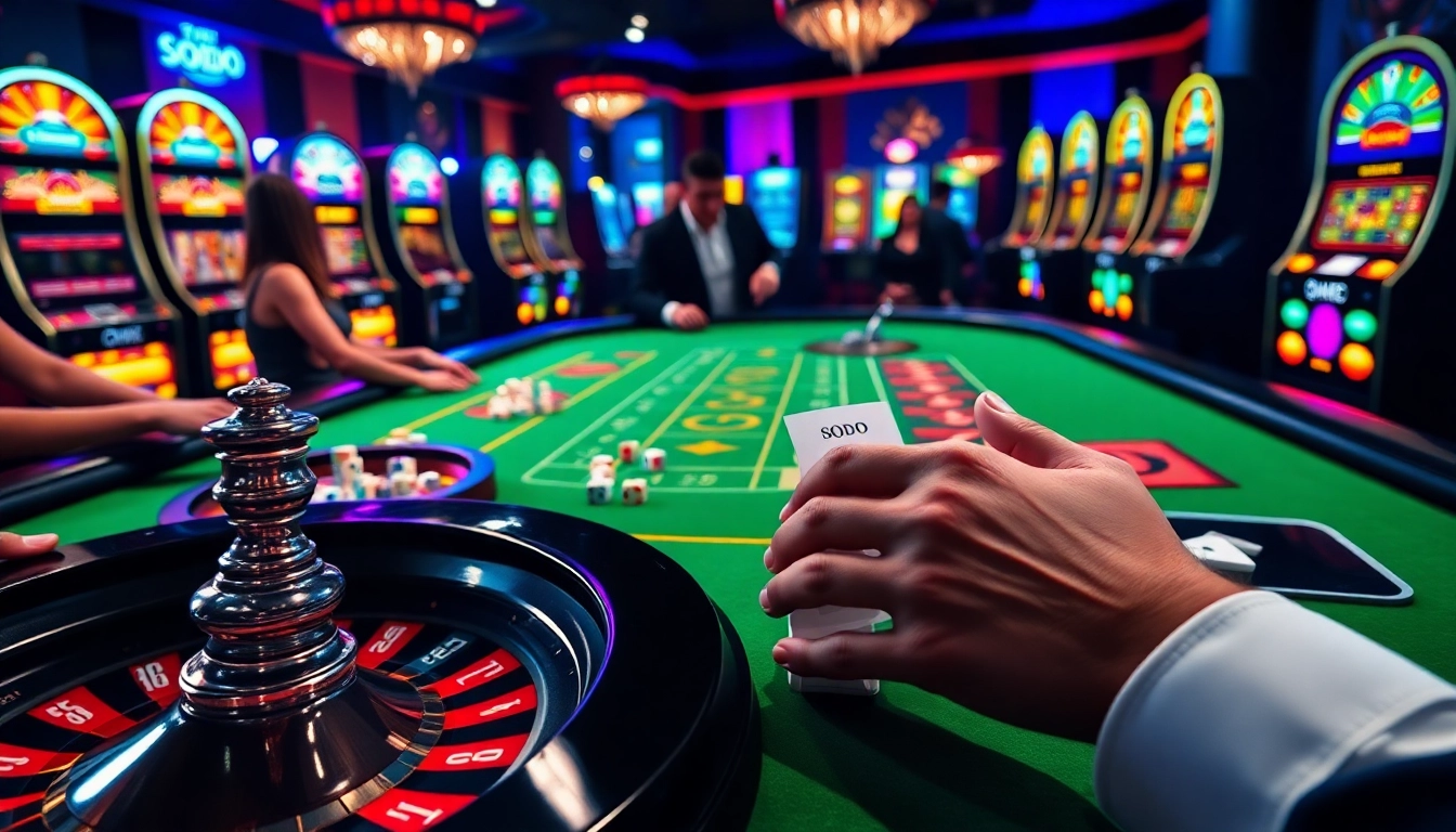 SODO Casino vibrant gameplay scene with players intense in a luxurious atmosphere.
