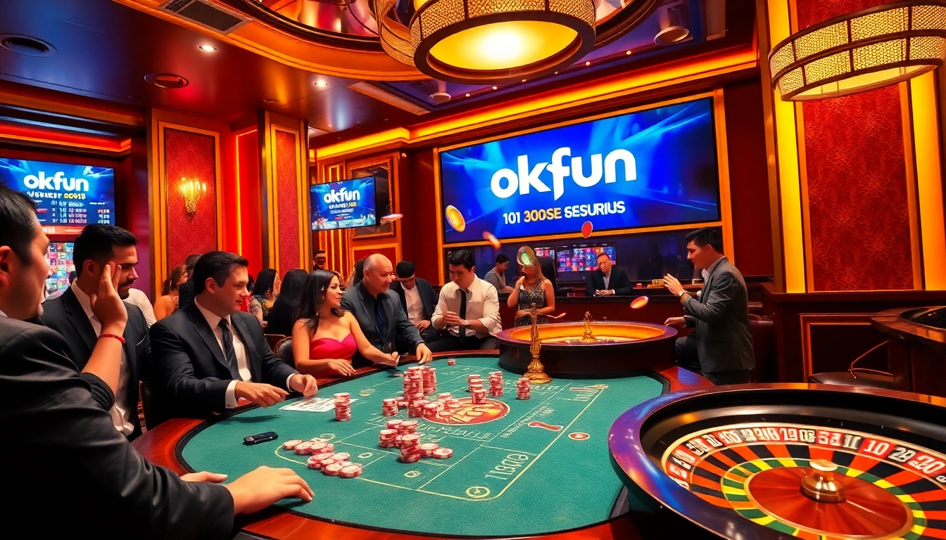 Players engaging intensely in a poker game at Okfun's luxurious casino.