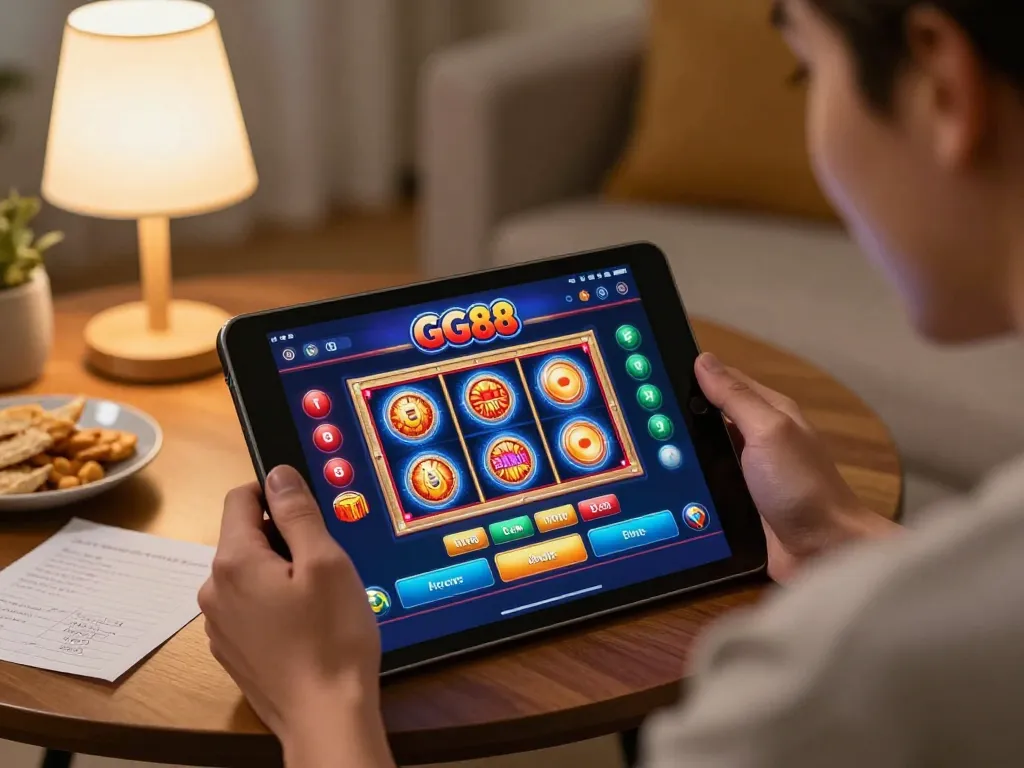 Person enjoying the GG88 casino app on a tablet, showcasing vibrant slot machines and betting options.