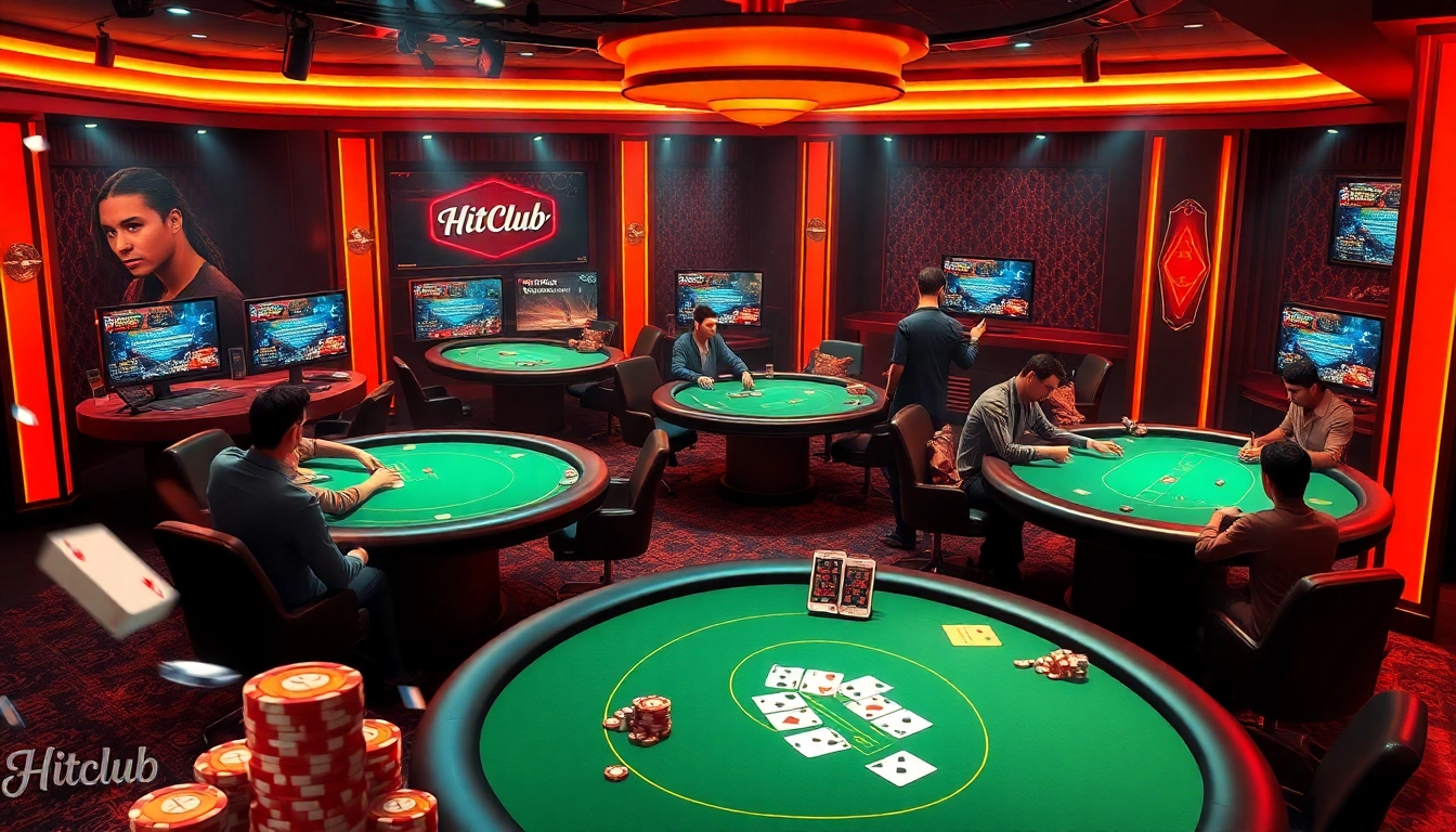 Players engaging in thrilling card games showcasing Hitclub đổi thưởng, featuring an elegant casino atmosphere.
