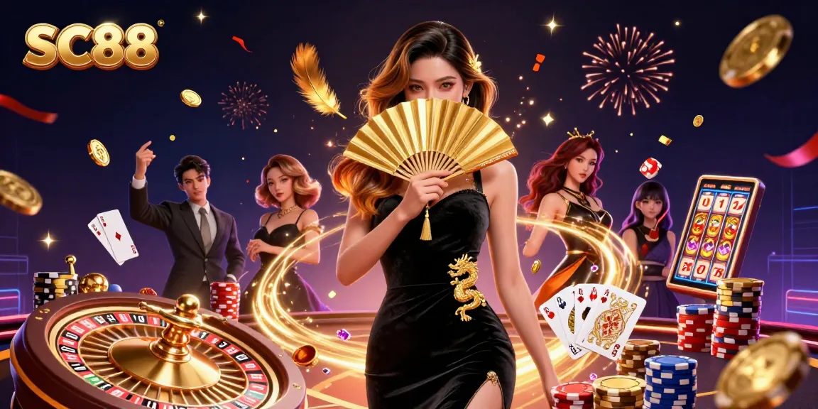 Win big with SC88 at the vibrant casino, featuring spinning roulette wheels and golden treasures.