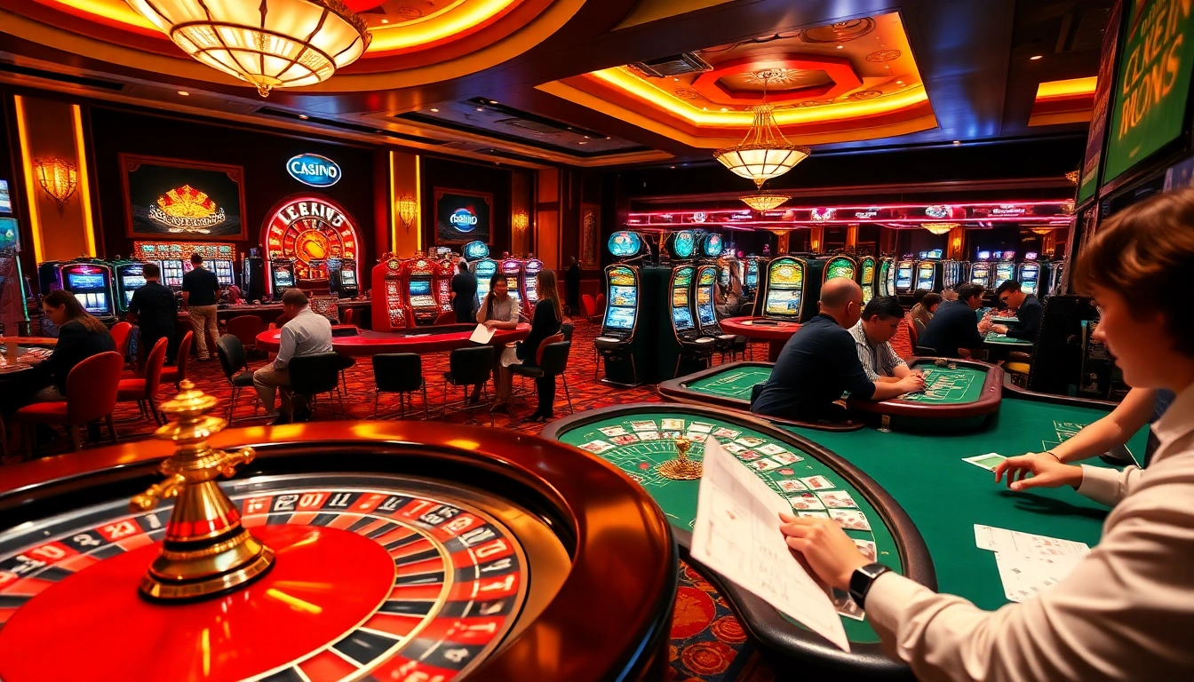 Exciting Casino trực tuyến gameplay with roulette wheels and poker chips in a vibrant setting.