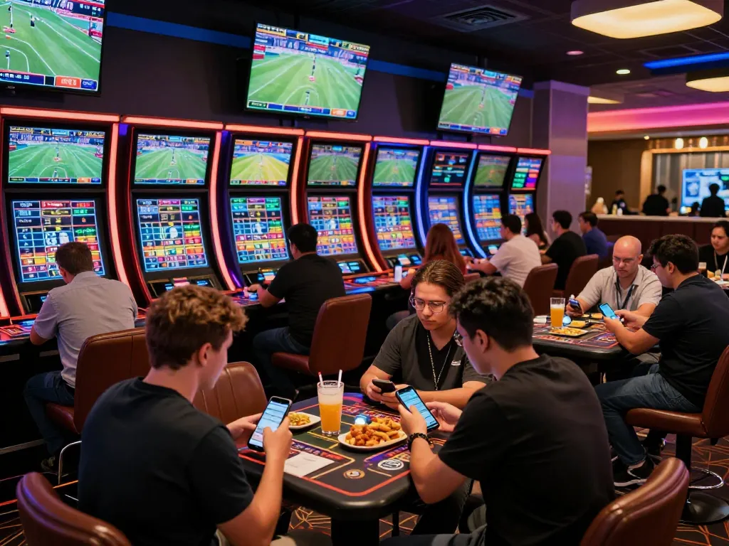 Engaged bettors analyzing odds at a thrilling sports betting area on https://fabet.credit/ with multiple screens showing live events.