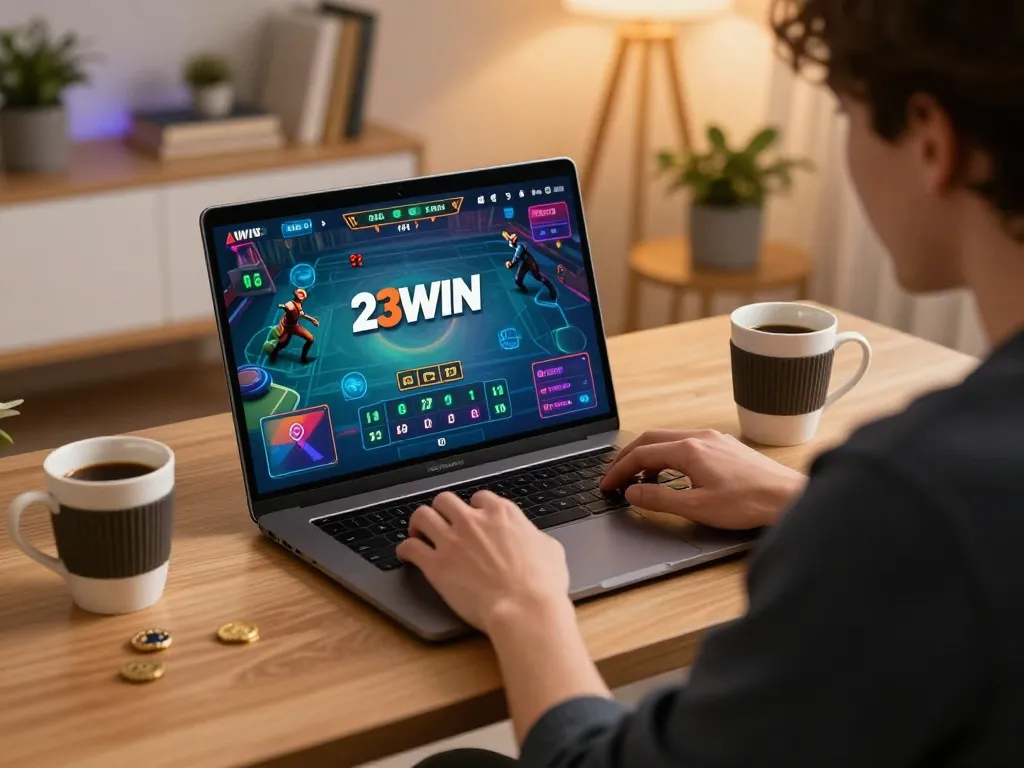 Player engaging in online game with 23WIN logo on laptop, showcasing focused gambling action.