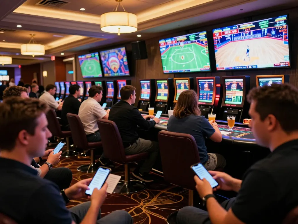 Betting excitement at a casino sports area with enthusiasts engaging for a 68 win.
