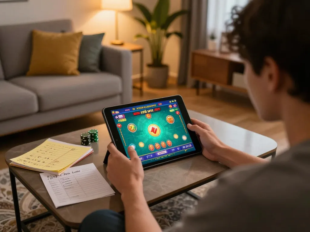 This scene captures the essence of playing tài xỉu online uy tín, showing a player immersed in their strategy at home.