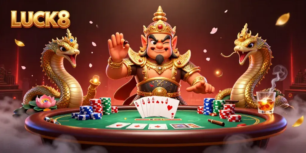 Engage with LUCK8's vibrant casino scene featuring a golden guardian and poker elements.