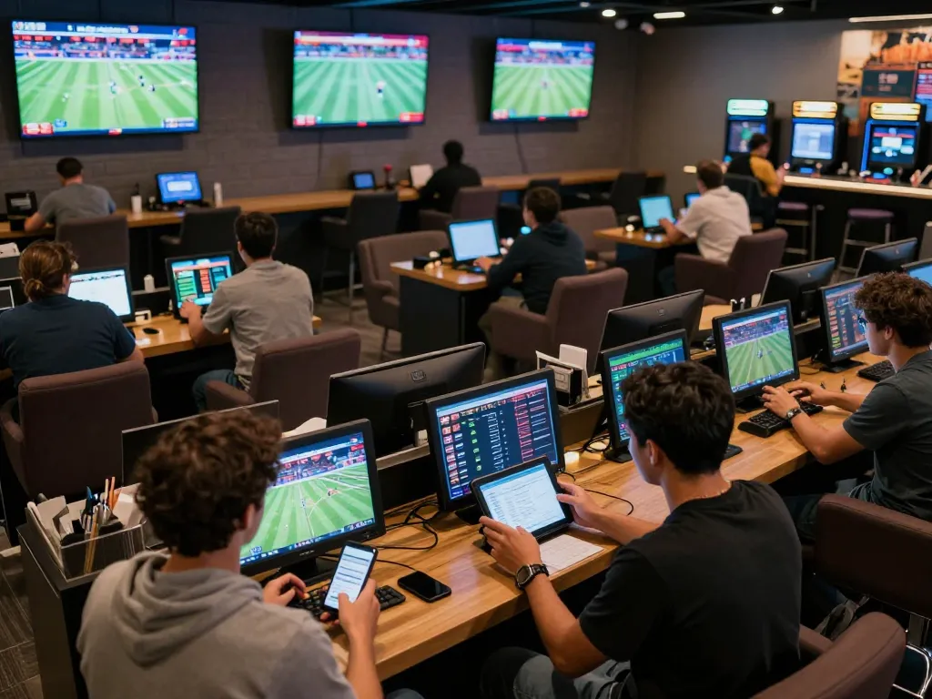 A bettor engaging with sports betting at gi88 while analyzing live game statistics on a tablet in a lively lounge atmosphere.