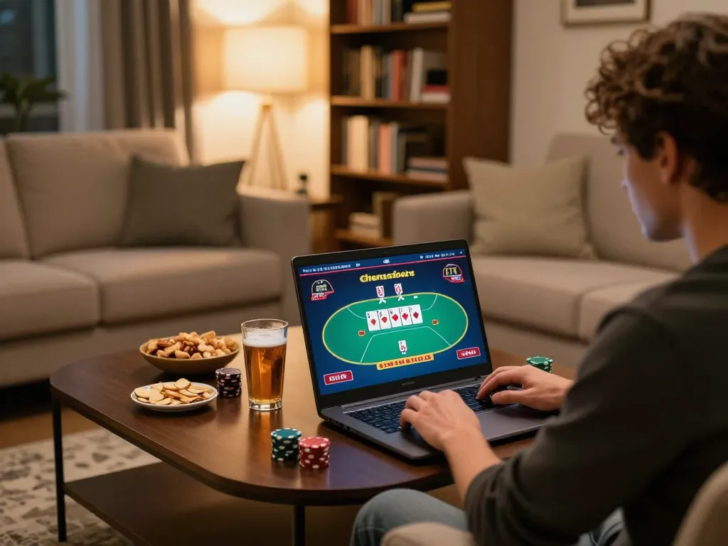 Engaging in Đăng ký Dabet on a laptop, enjoying strategic online poker in a cozy living room.