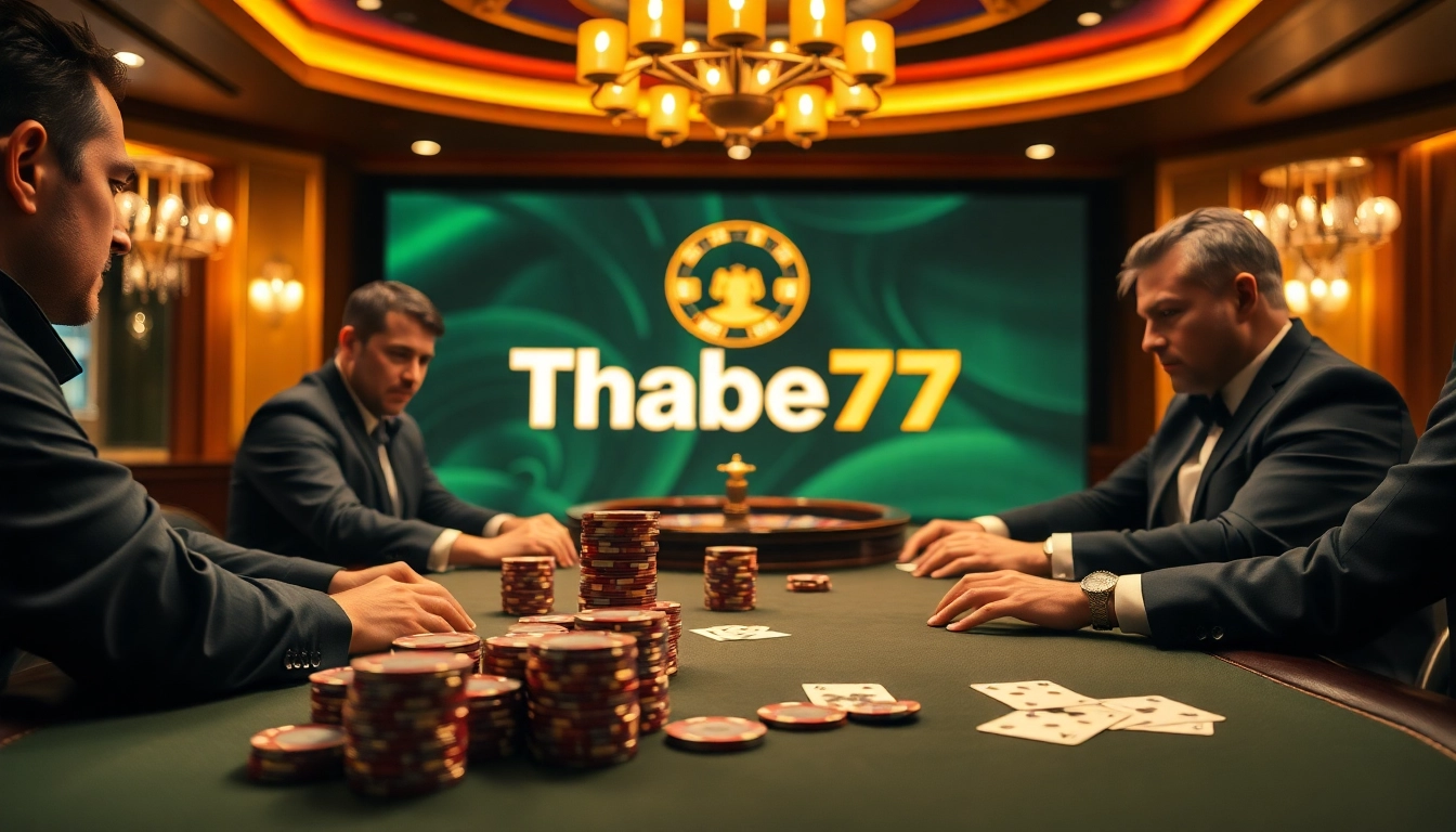 Thrilling poker game at a luxurious Thabet77 casino table showcasing professional gameplay.
