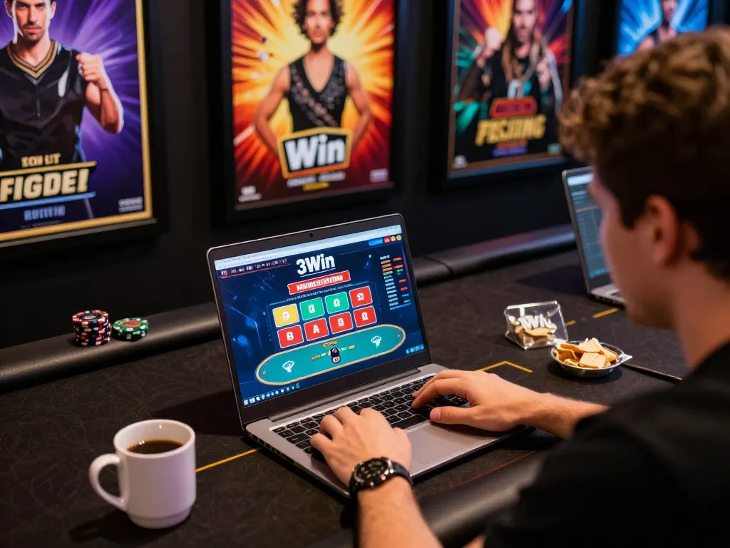 Player engaged in strategic poker game on 3Win.com in a cozy home environment