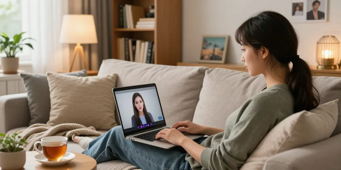 Engaging with sex chat AI on a cozy living room laptop setup, showcasing a warm and inviting atmosphere.