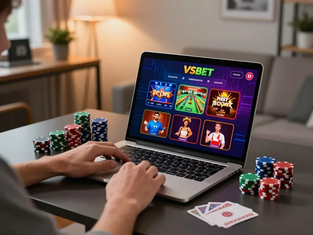Vsbet user enjoying online gambling experience with vibrant games and stylish setup.