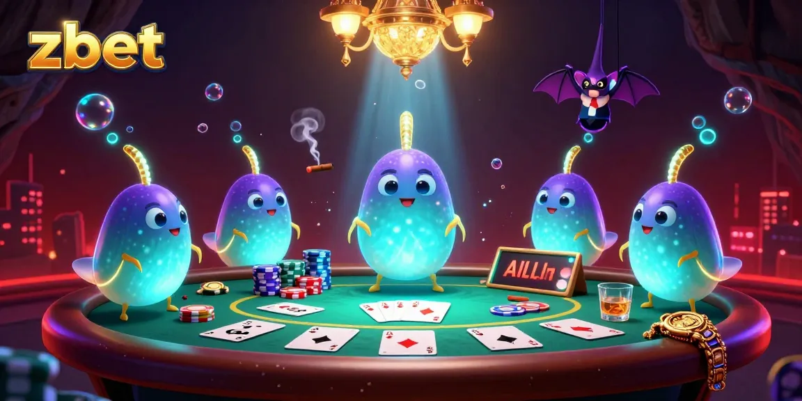 Engaging zbet casino illustration with glowworms and a bat dealer in a vibrant casino scene.