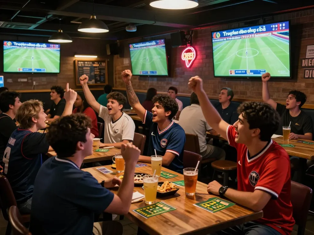 Fans enjoying Trực tiếp bóng đá in a lively sports bar with celebratory atmosphere and multiple screens.