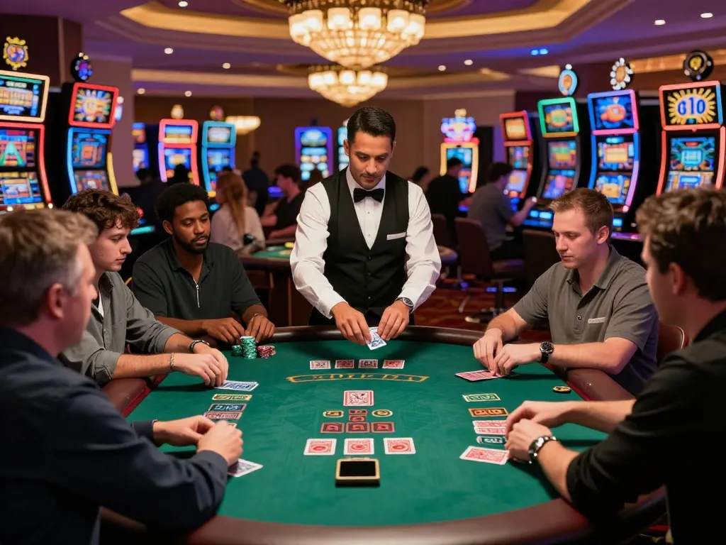 Engaged players making strategic decisions at the luck8 blackjack table in a lively Vegas casino.