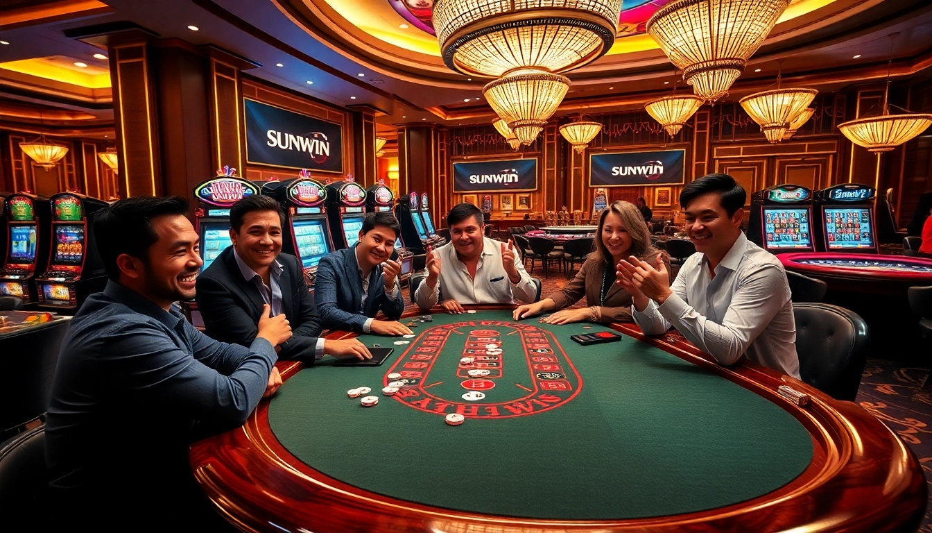 Sunwin players celebrating a winning moment at a vibrant casino table.