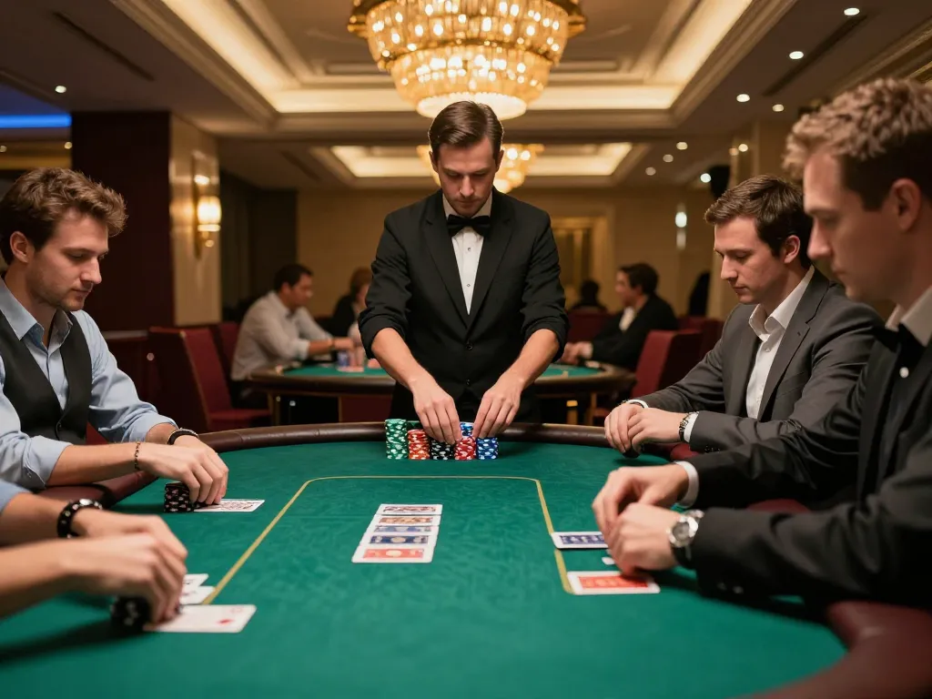 C 168 poker players strategizing their next move at an upscale casino table.