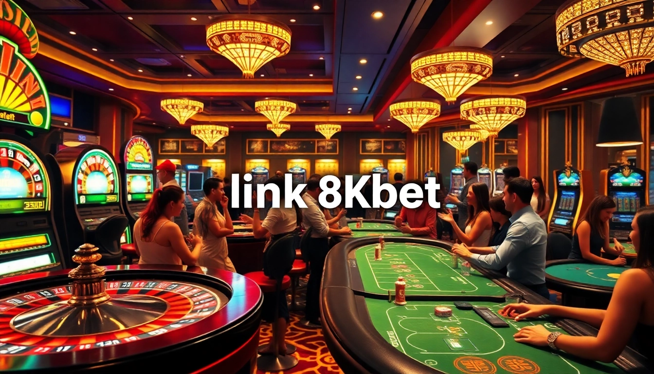 Excited gamblers enjoying a vibrant casino scene with the keyword link 8kbet in a stylish digital betting interface.