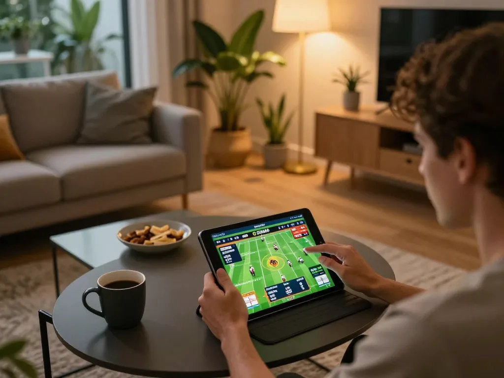 Engaging in online betting with the sbobet app on a tablet in a cozy home setting