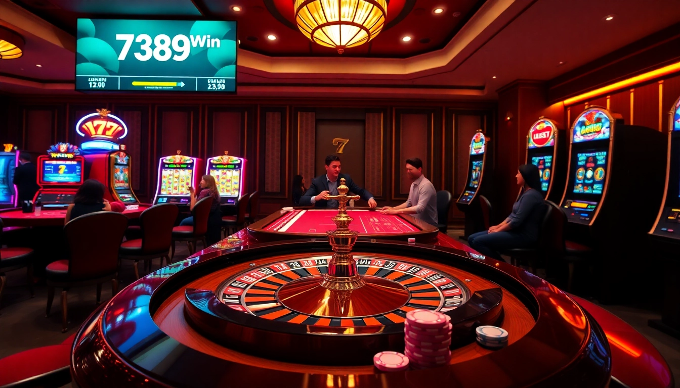 Experience thrilling gaming moments at 789Win's vibrant casino, featuring roulette wheels and slot machines.